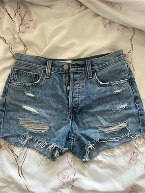 Denim Forum Distressed Medium Blue High-Rise Denim Shorts